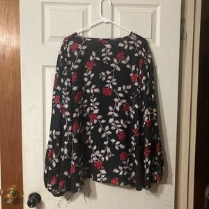 Liz Claiborne Black Blouse with Red and White Floral Vines